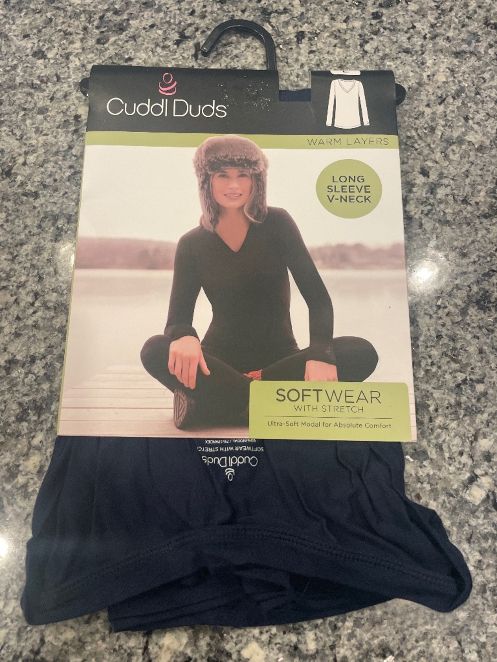 NEW Cuddl Duds Navy Long Sleeve V-Neck Tee, Women’s Size L